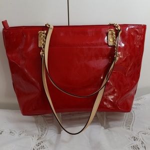 Red patent zippered tote bag